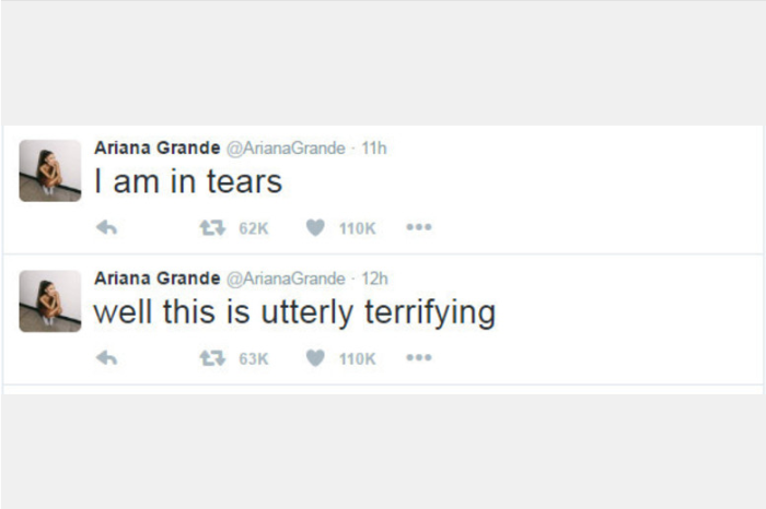 Ariana Grande disse no Twitter: "Isso é absolutamente terrível" e "Estou chorando" 